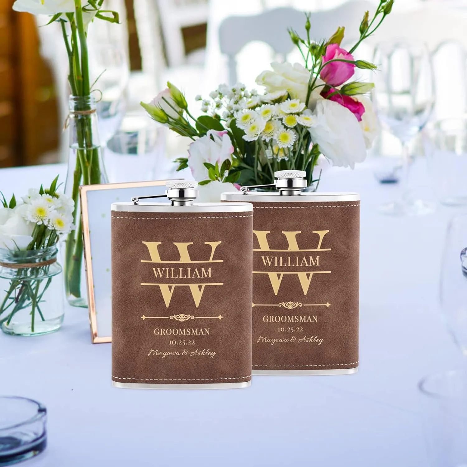 Wedding Flasks for Groomsmen Set of 8, Personalized Groomsmen Gift, Customized Engraved 304 Steel Stainless Hip Flask for Best Man Groom Father of Bride, Brown