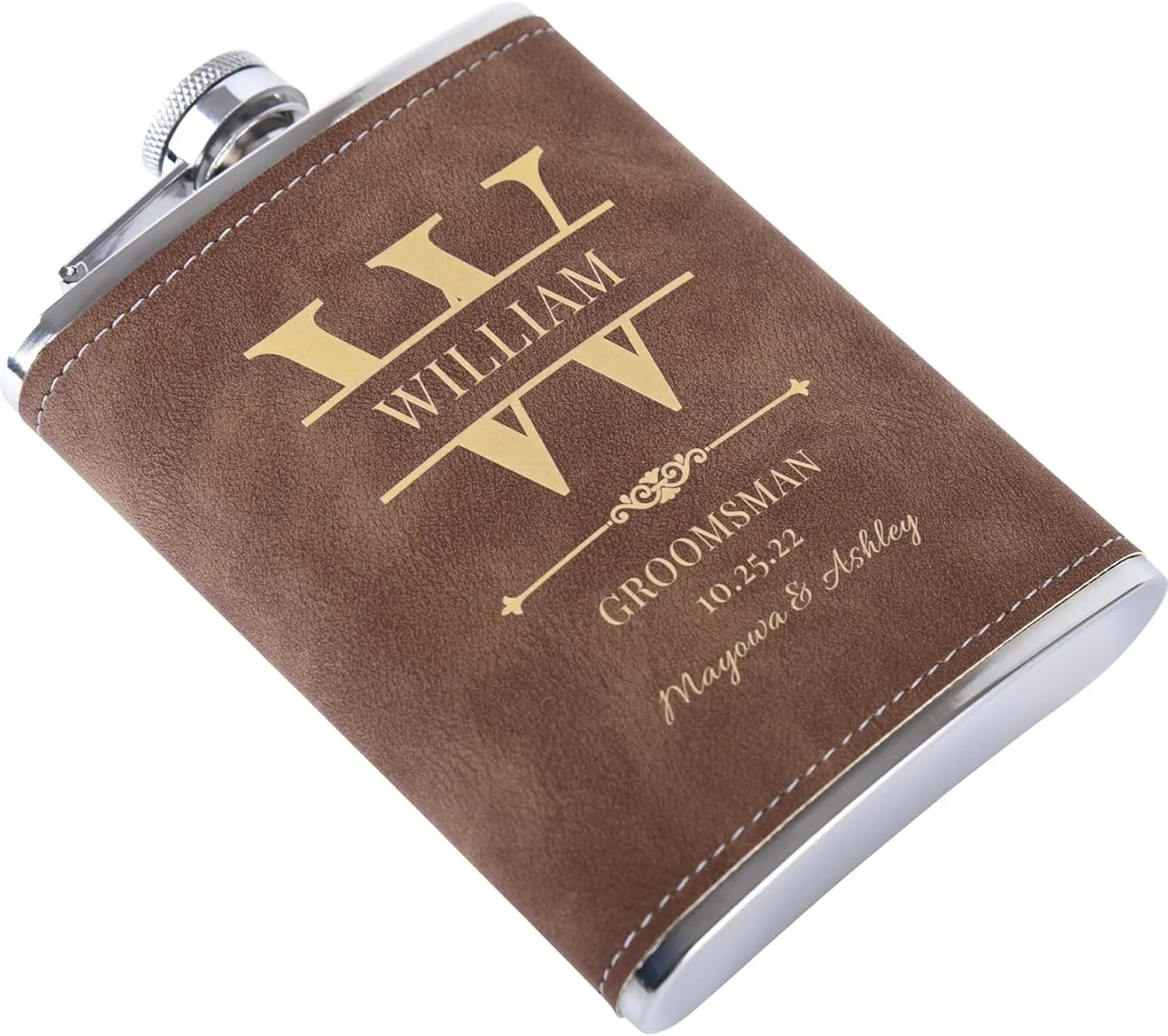 Wedding Flasks for Groomsmen Set of 8, Personalized Groomsmen Gift, Customized Engraved 304 Steel Stainless Hip Flask for Best Man Groom Father of Bride, Brown