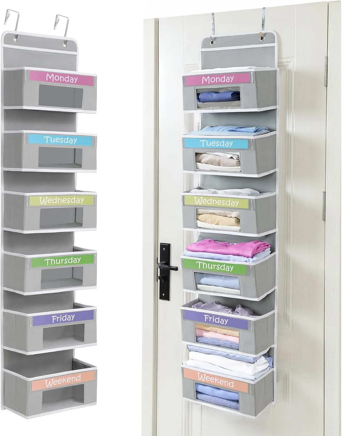 Weekly Clothes Organizer for Kids, Days of the Week Clothes Organizer, Kids Closet, Daily Outfit Storage, Monday through Friday Clothing, Weekday, M-F, School, Hanging, Over Door, Grey, 6 Shelf