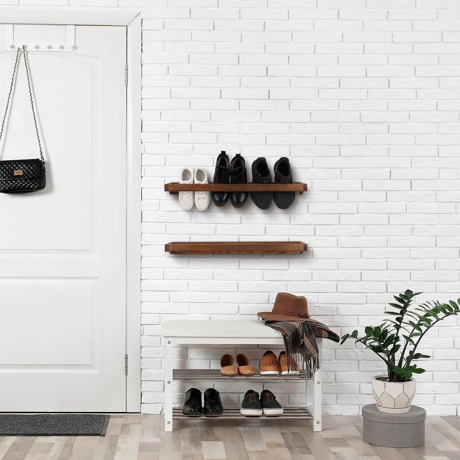 Wenqik 4 Pcs Wall Mounted Shoe Rack 30 Inch Rustic Wood Wall Hanging Shoe Rack Space Saving Footwear Holder Shoe Storage Organizer for Mudroom, Entryway, Closet (Burnt Wood)