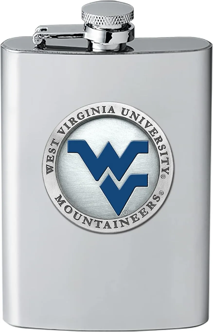West Virginia Flask | 8 Ounce Liquor Flask Container - Stainless Steel | Intricately Crafted Metal Pewter Alma Mater Inlay