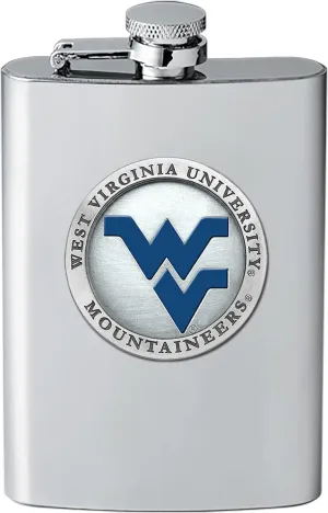 West Virginia Flask | 8 Ounce Liquor Flask Container - Stainless Steel | Intricately Crafted Metal Pewter Alma Mater Inlay
