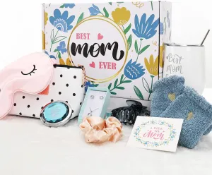 Whaline Gift Box for Mom 9Pcs Mother's Day Gift Set Including Hair Scrunchy Hair Claw Clip Eye Mask Cosmetic Bag Mirror Necklace Earrings Box Socks Vacuum Flask Greeting Card for Mom Grandma Wife