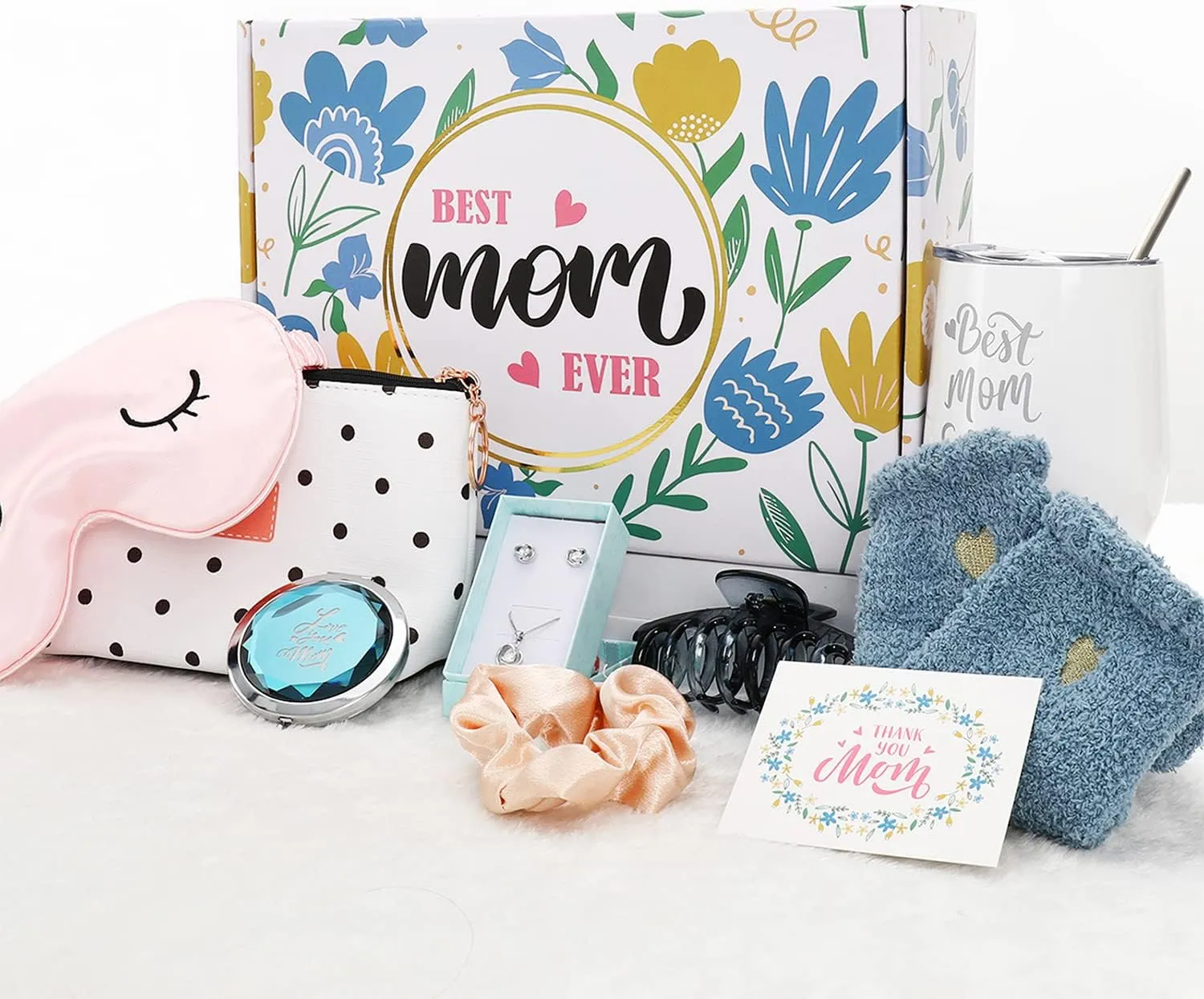 Whaline Gift Box for Mom 9Pcs Mother's Day Gift Set Including Hair Scrunchy Hair Claw Clip Eye Mask Cosmetic Bag Mirror Necklace Earrings Box Socks Vacuum Flask Greeting Card for Mom Grandma Wife