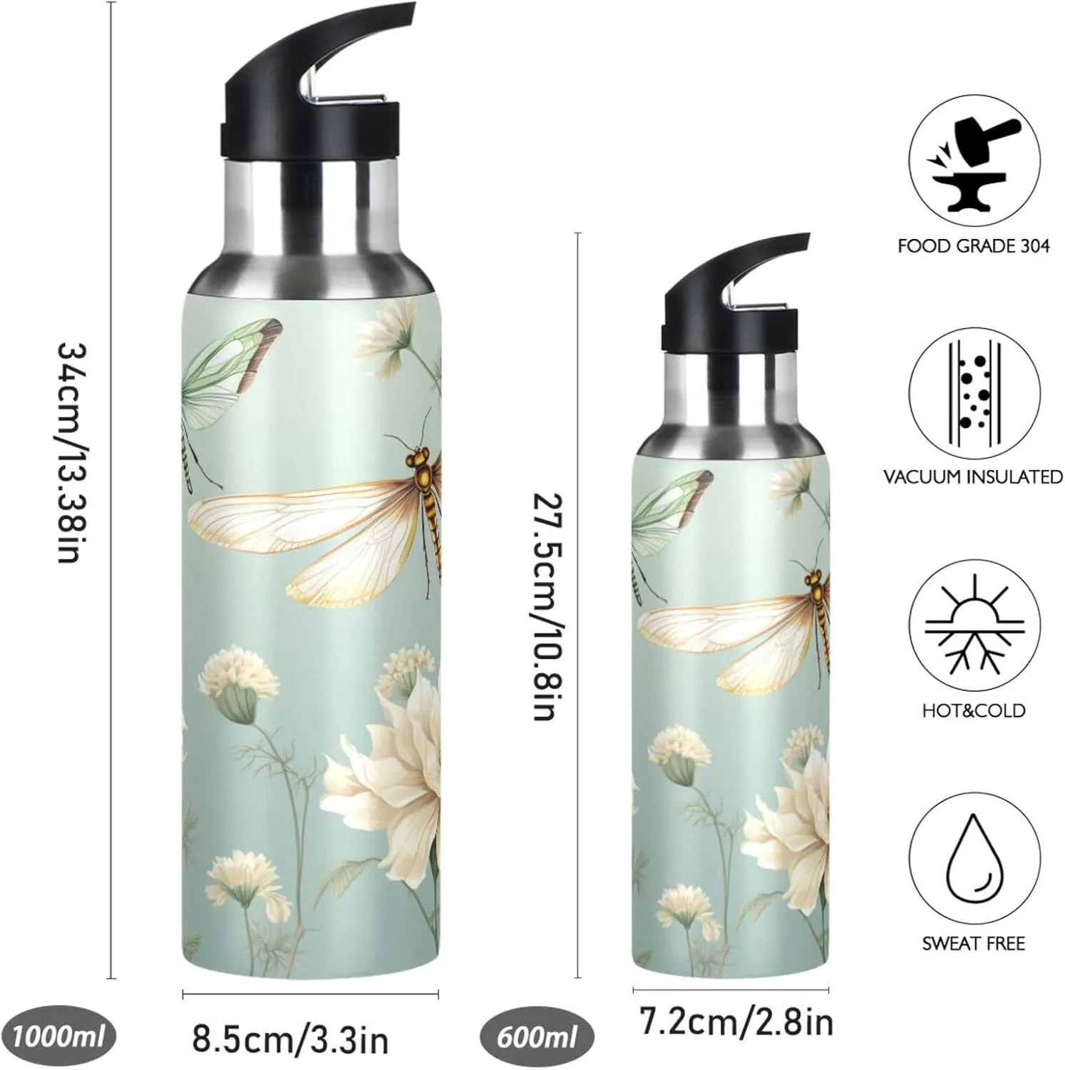 White Flower Dragonfly Sport Water Bottle Insulated Stainless Steel Large Vacuum Flask Leak Proof Thermos with Straw for Travel(600ml/1000ml)