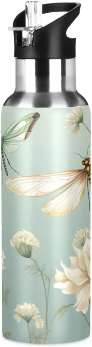 White Flower Dragonfly Sport Water Bottle Insulated Stainless Steel Large Vacuum Flask Leak Proof Thermos with Straw for Travel(600ml/1000ml)
