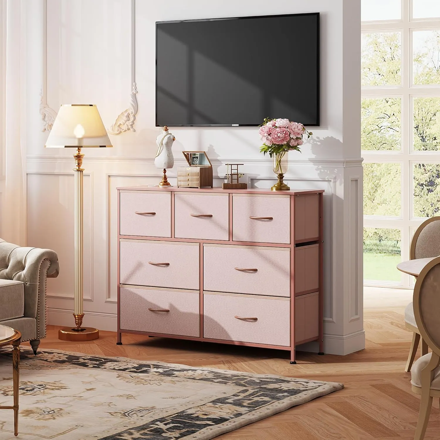 WLIVE 7 Drawer Dresser TV Stand, Entertainment Center, Media Console Table with Metal Frame and Wood Top for TV up to 45 inch, Chest of Drawers for Bedroom, Living Room, Pink