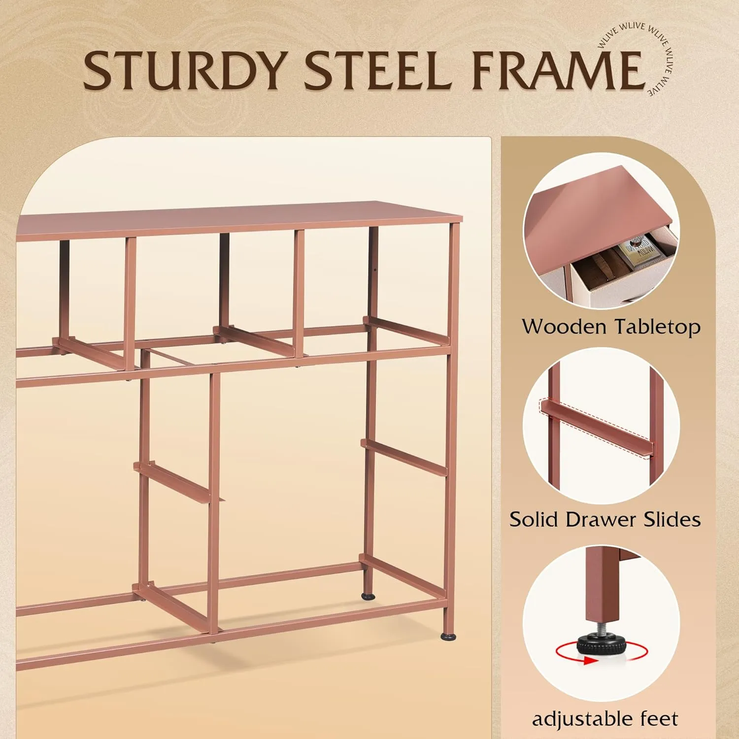WLIVE 7 Drawer Dresser TV Stand, Entertainment Center, Media Console Table with Metal Frame and Wood Top for TV up to 45 inch, Chest of Drawers for Bedroom, Living Room, Pink
