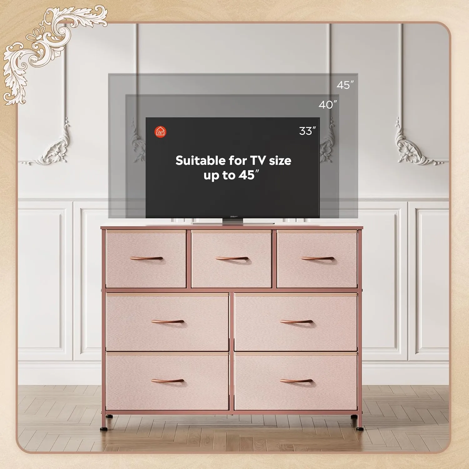 WLIVE 7 Drawer Dresser TV Stand, Entertainment Center, Media Console Table with Metal Frame and Wood Top for TV up to 45 inch, Chest of Drawers for Bedroom, Living Room, Pink