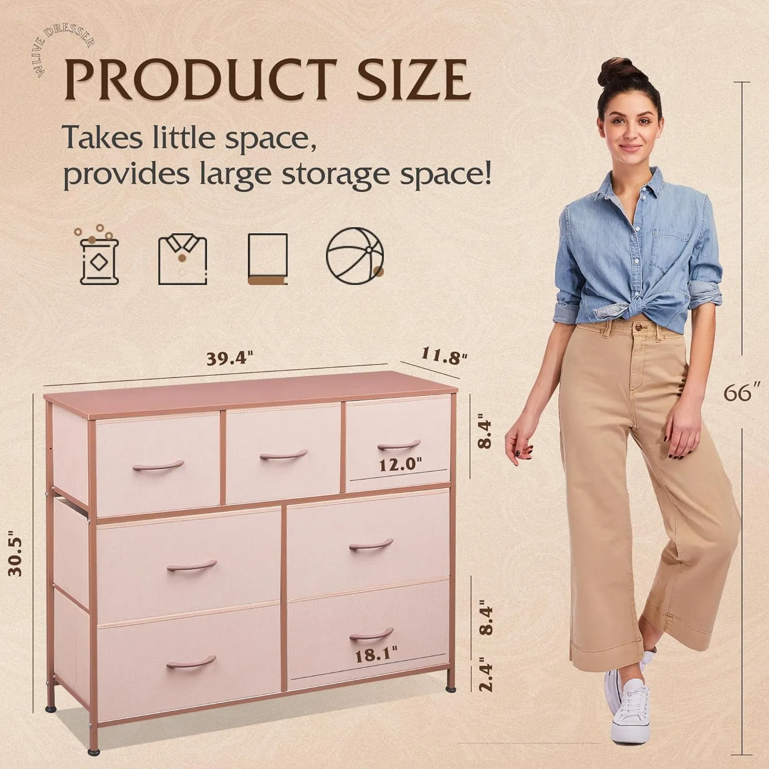 WLIVE 7 Drawer Dresser TV Stand, Entertainment Center, Media Console Table with Metal Frame and Wood Top for TV up to 45 inch, Chest of Drawers for Bedroom, Living Room, Pink