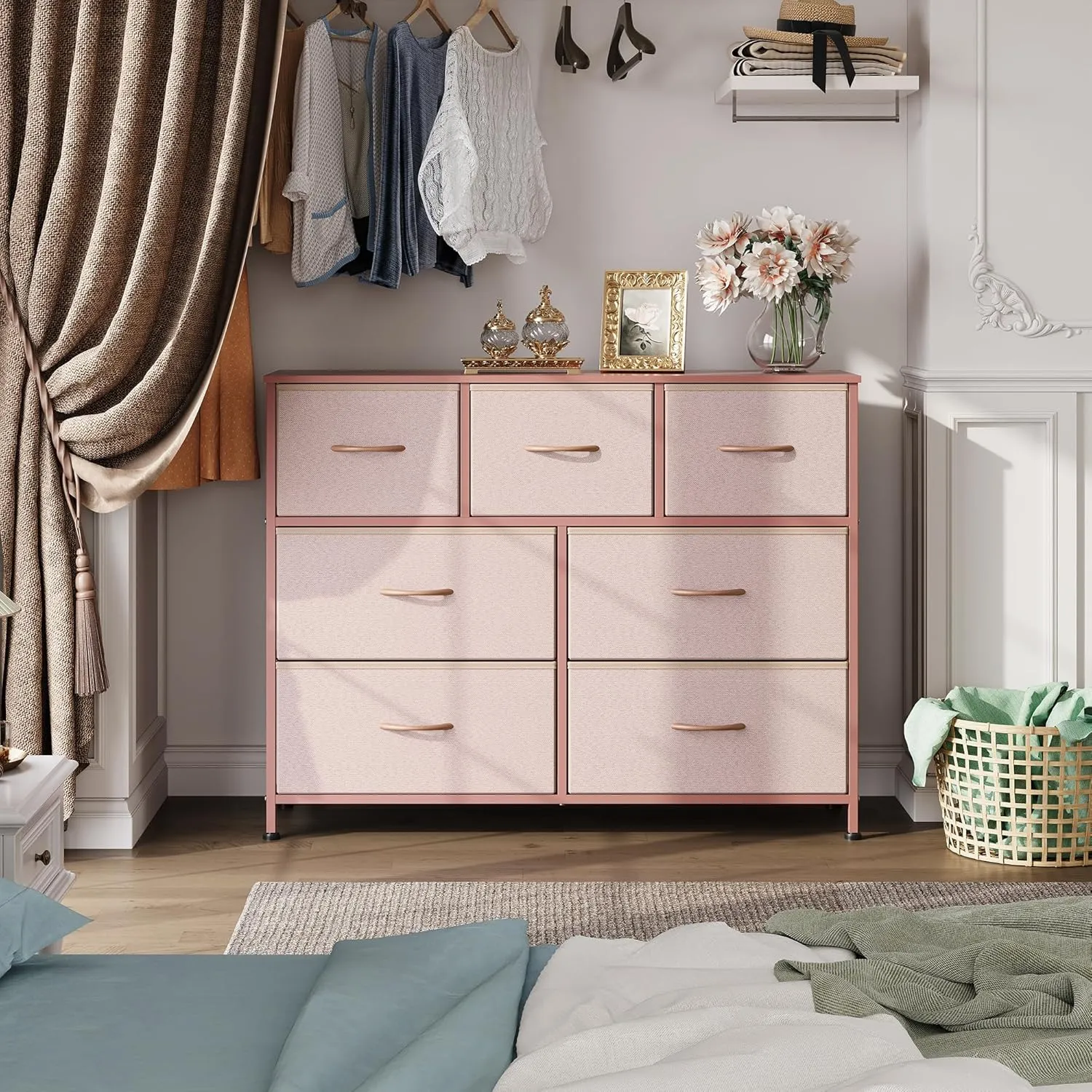 WLIVE 7 Drawer Dresser TV Stand, Entertainment Center, Media Console Table with Metal Frame and Wood Top for TV up to 45 inch, Chest of Drawers for Bedroom, Living Room, Pink