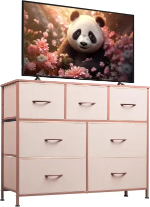 WLIVE 7 Drawer Dresser TV Stand, Entertainment Center, Media Console Table with Metal Frame and Wood Top for TV up to 45 inch, Chest of Drawers for Bedroom, Living Room, Pink