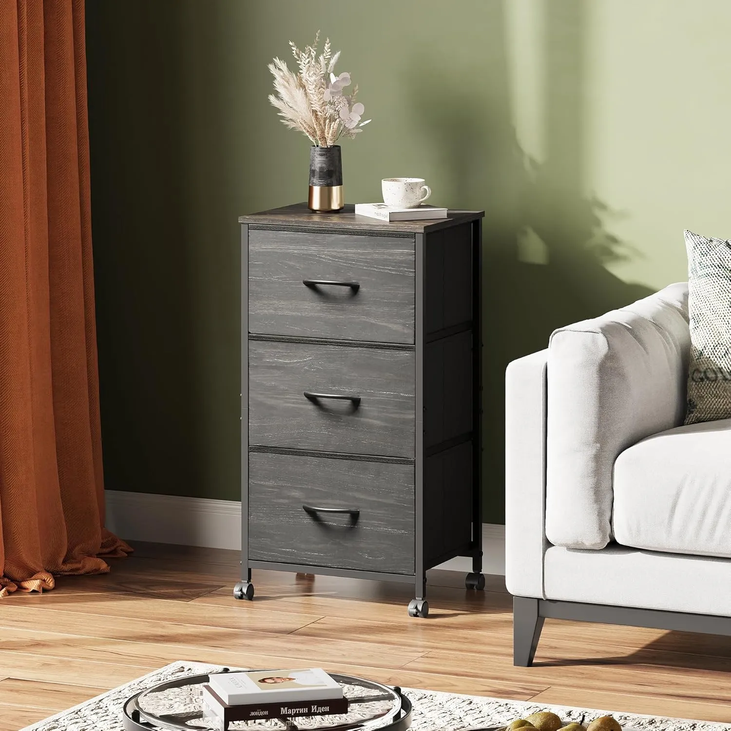 WLIVE Dresser with 3 Drawers, Fabric Nightstand, Cabinet with Wheels, Organizer Storage Dresser for Bedroom, Office, Closets, Sturdy Steel Frame, Easy Pull Handle, Charcoal Black Wood Grain Print