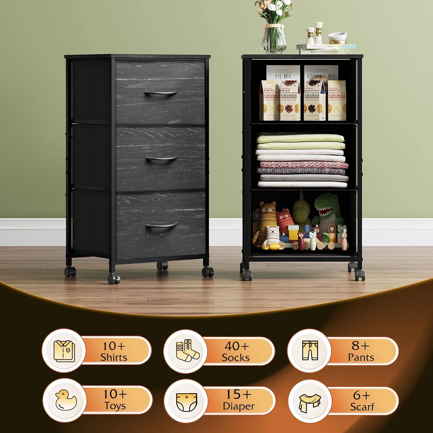 WLIVE Dresser with 3 Drawers, Fabric Nightstand, Cabinet with Wheels, Organizer Storage Dresser for Bedroom, Office, Closets, Sturdy Steel Frame, Easy Pull Handle, Charcoal Black Wood Grain Print