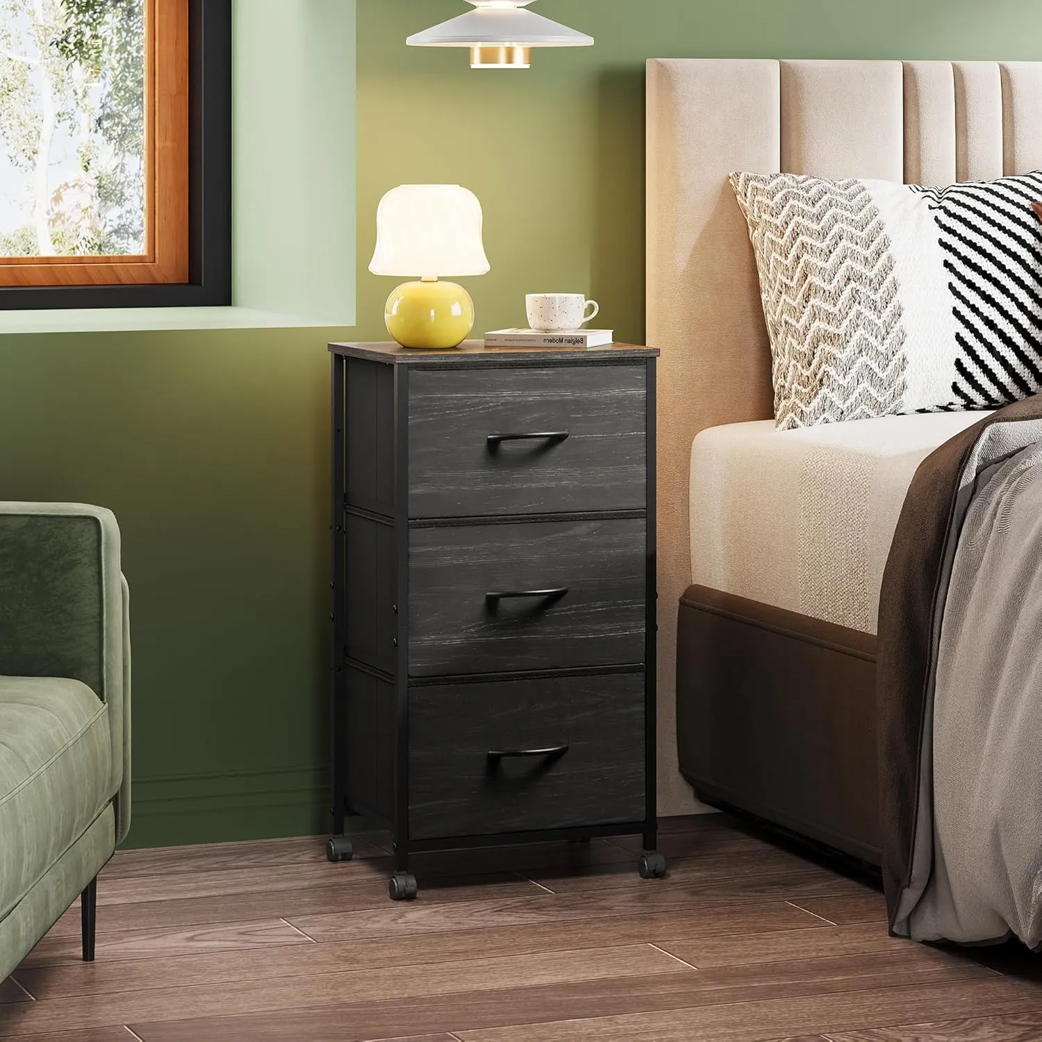 WLIVE Dresser with 3 Drawers, Fabric Nightstand, Cabinet with Wheels, Organizer Storage Dresser for Bedroom, Office, Closets, Sturdy Steel Frame, Easy Pull Handle, Charcoal Black Wood Grain Print