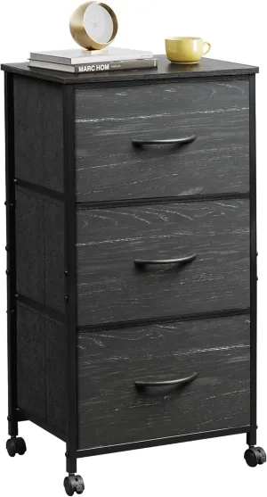 WLIVE Dresser with 3 Drawers, Fabric Nightstand, Cabinet with Wheels, Organizer Storage Dresser for Bedroom, Office, Closets, Sturdy Steel Frame, Easy Pull Handle, Charcoal Black Wood Grain Print