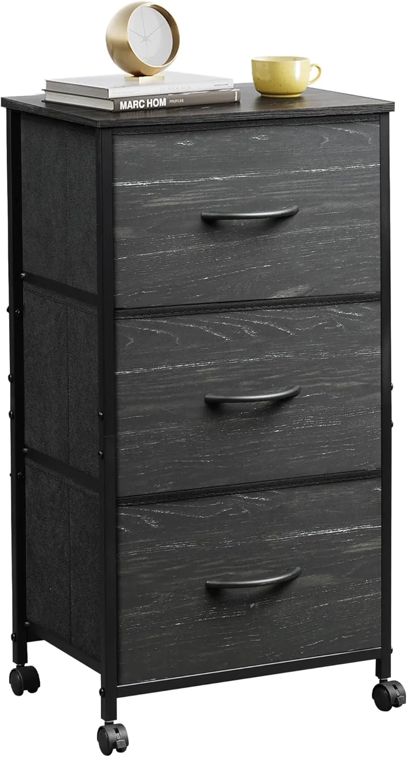 WLIVE Dresser with 3 Drawers, Fabric Nightstand, Cabinet with Wheels, Organizer Storage Dresser for Bedroom, Office, Closets, Sturdy Steel Frame, Easy Pull Handle, Charcoal Black Wood Grain Print