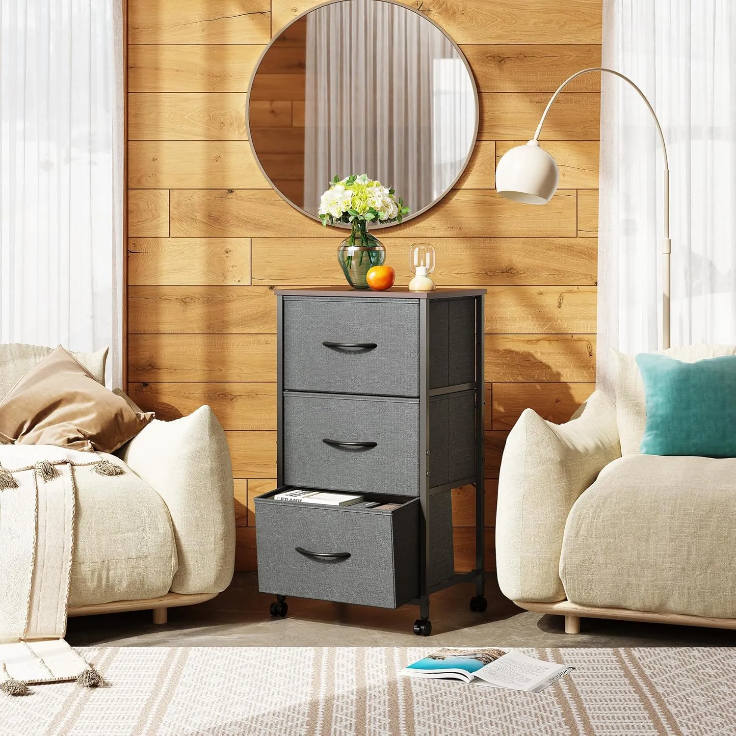 WLIVE Dresser with 3 Drawers, Fabric Nightstand, Cabinet with Wheels, Organizer Storage Dresser for Bedroom, Office, Closets, Sturdy Steel Frame, Easy Pull Handle, Dark Grey