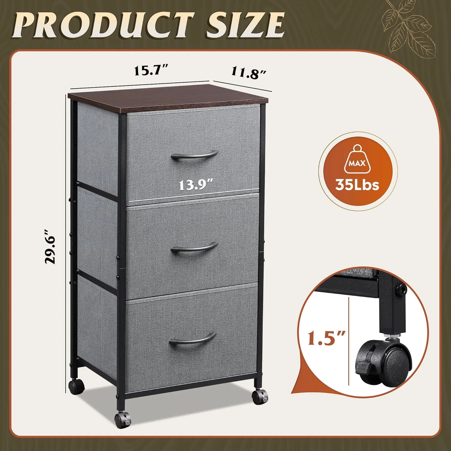 WLIVE Dresser with 3 Drawers, Fabric Nightstand, Cabinet with Wheels, Organizer Storage Dresser for Bedroom, Office, Closets, Sturdy Steel Frame, Easy Pull Handle, Dark Grey