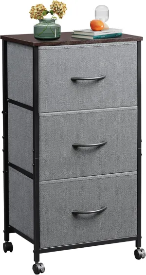 WLIVE Dresser with 3 Drawers, Fabric Nightstand, Cabinet with Wheels, Organizer Storage Dresser for Bedroom, Office, Closets, Sturdy Steel Frame, Easy Pull Handle, Dark Grey