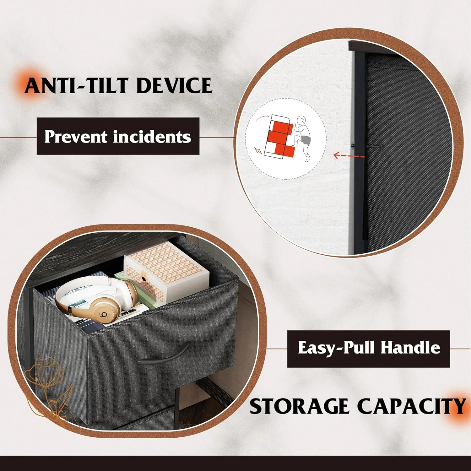 WLIVE Dresser with 3 Drawers, Fabric Nightstand, Organizer Unit, Storage Dresser for Bedroom, Hallway, Entryway, Closets, Sturdy Steel Frame, Wood Top, Easy Pull Handle, Charcoal Black