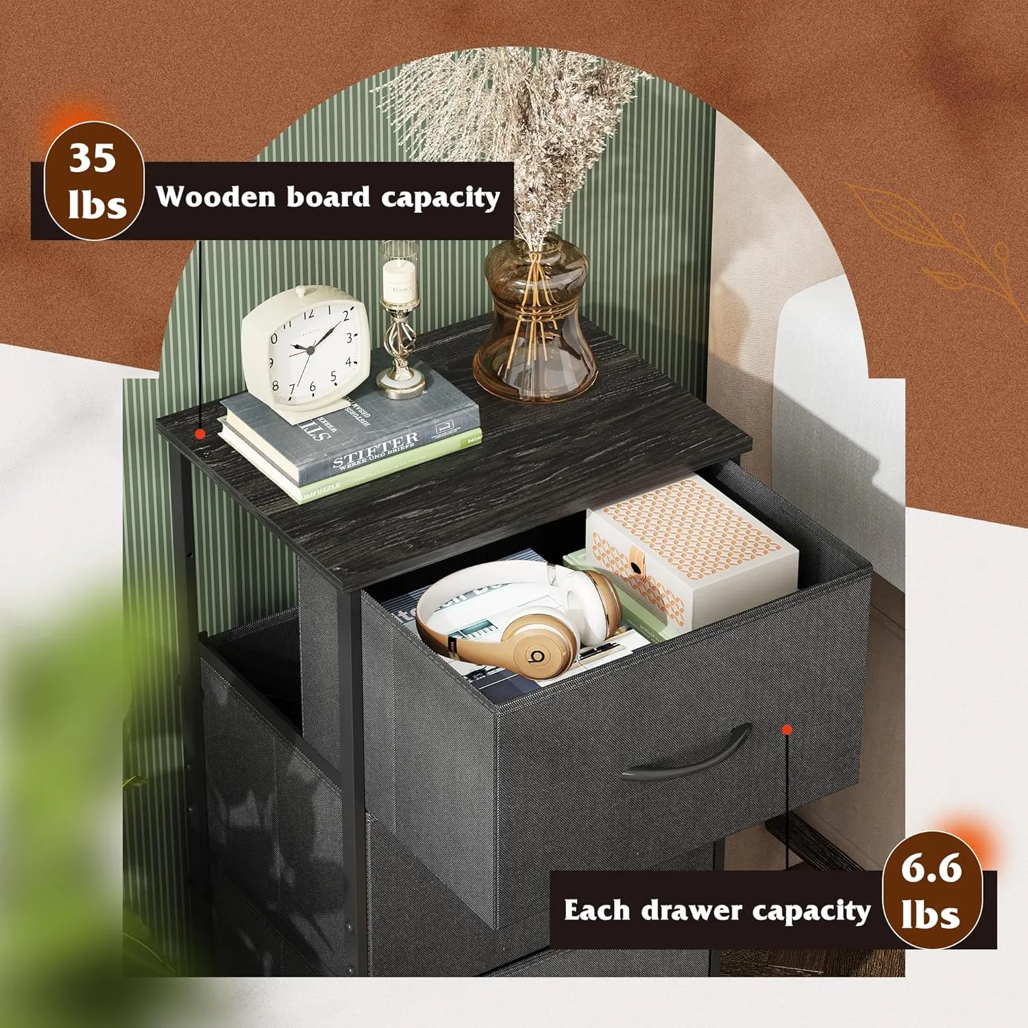 WLIVE Dresser with 3 Drawers, Fabric Nightstand, Organizer Unit, Storage Dresser for Bedroom, Hallway, Entryway, Closets, Sturdy Steel Frame, Wood Top, Easy Pull Handle, Charcoal Black