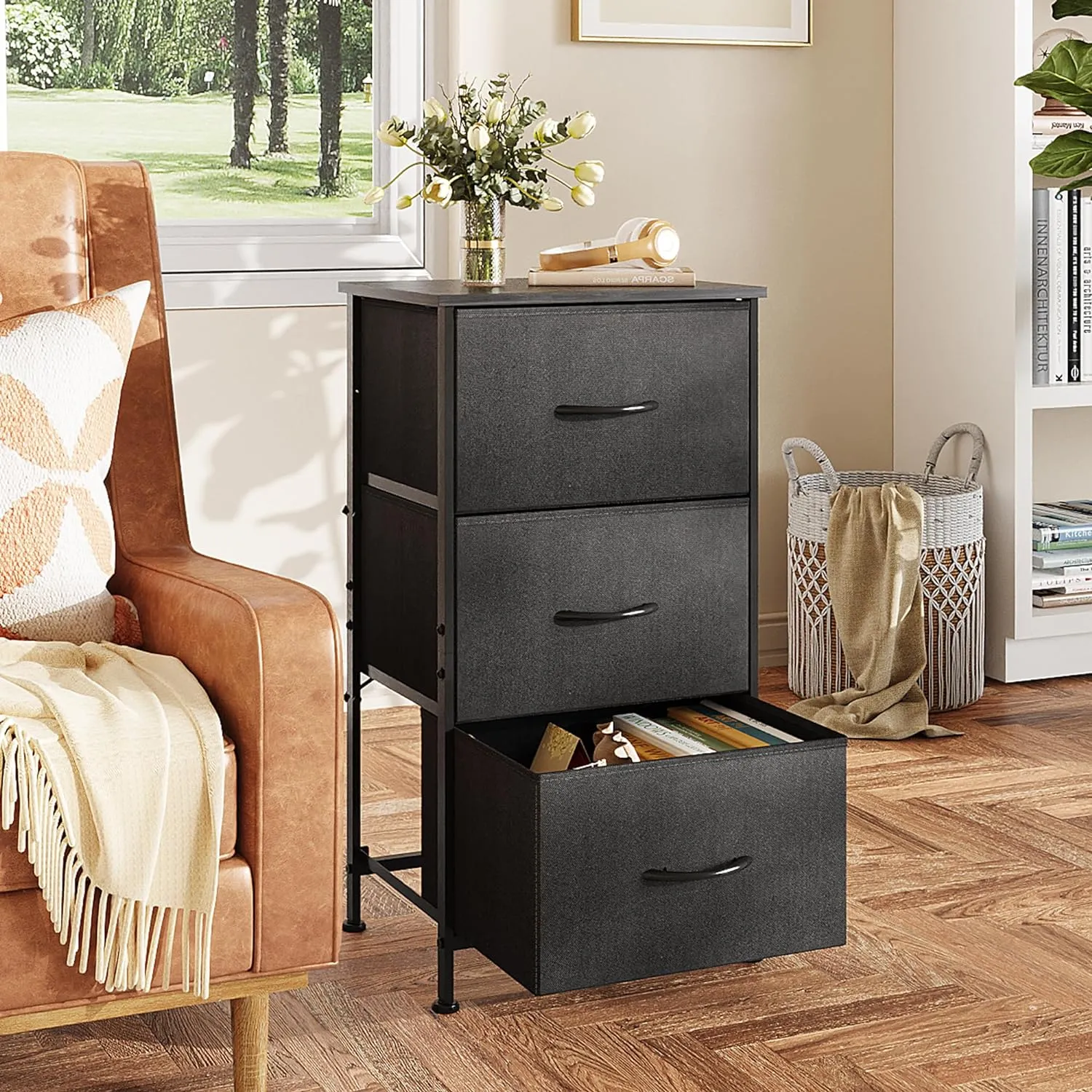 WLIVE Dresser with 3 Drawers, Fabric Nightstand, Organizer Unit, Storage Dresser for Bedroom, Hallway, Entryway, Closets, Sturdy Steel Frame, Wood Top, Easy Pull Handle, Charcoal Black