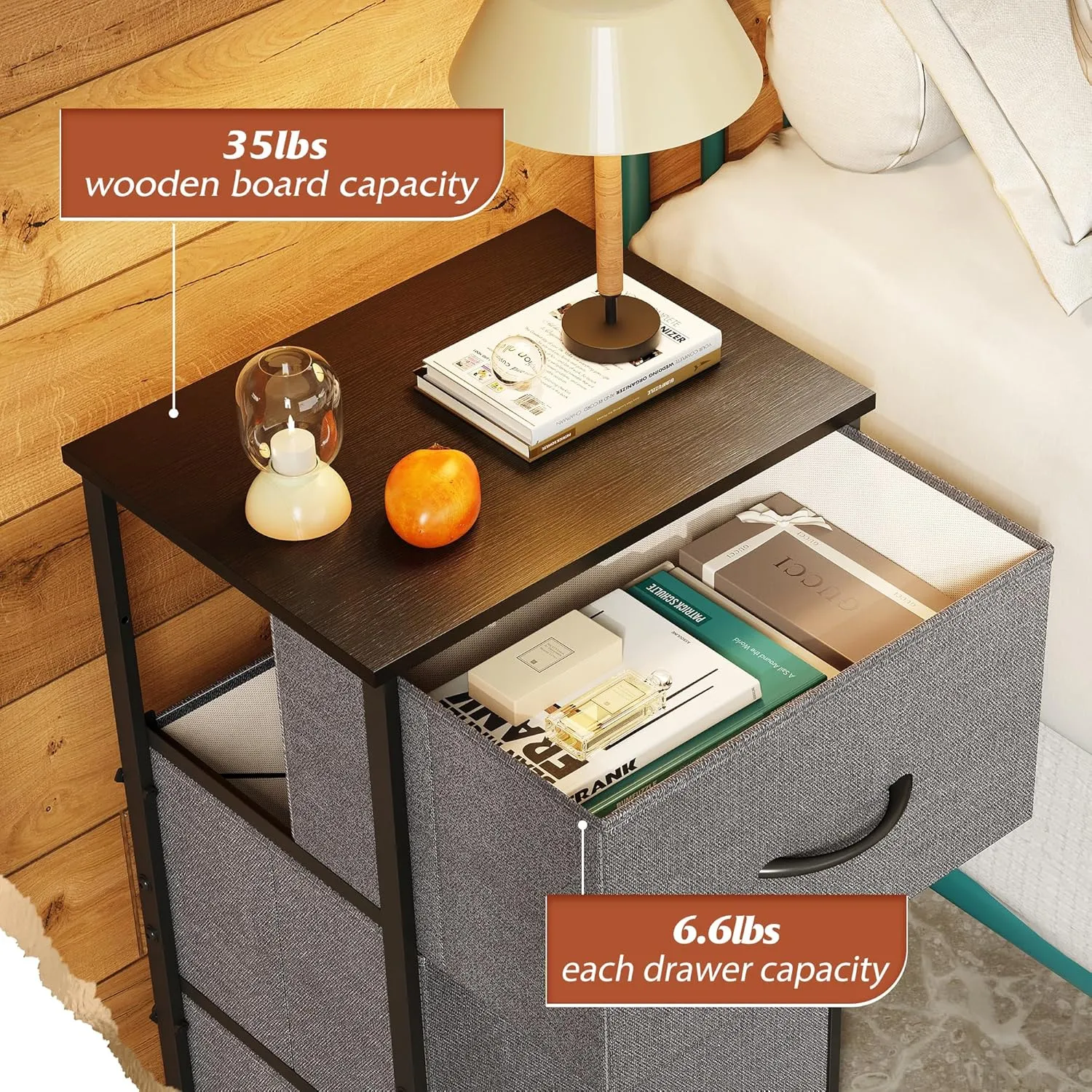 WLIVE Dresser with 3 Drawers, Fabric Nightstand, Organizer Unit, Storage Dresser for Bedroom, Hallway, Entryway, Closets, Sturdy Steel Frame, Wood Top, Easy Pull Handle, Dark Grey