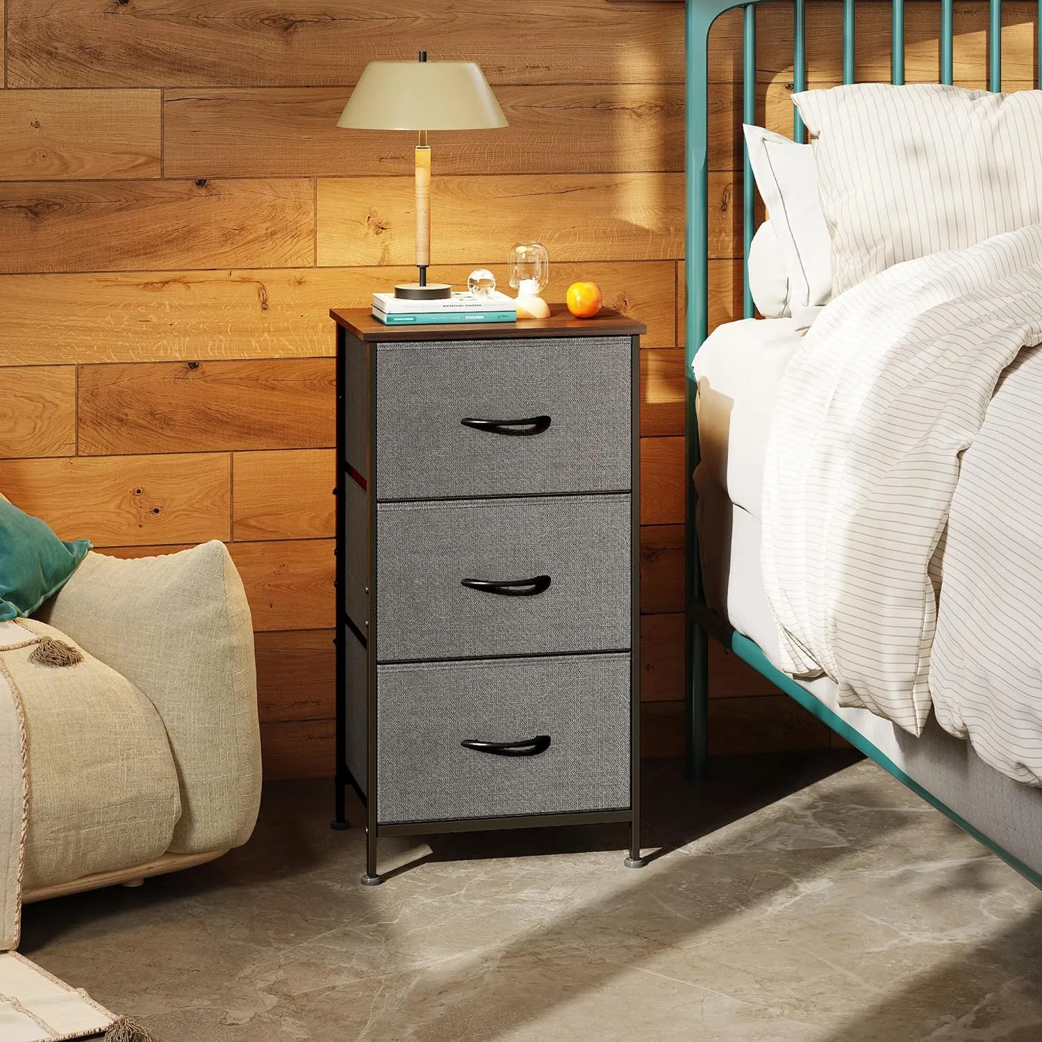 WLIVE Dresser with 3 Drawers, Fabric Nightstand, Organizer Unit, Storage Dresser for Bedroom, Hallway, Entryway, Closets, Sturdy Steel Frame, Wood Top, Easy Pull Handle, Dark Grey