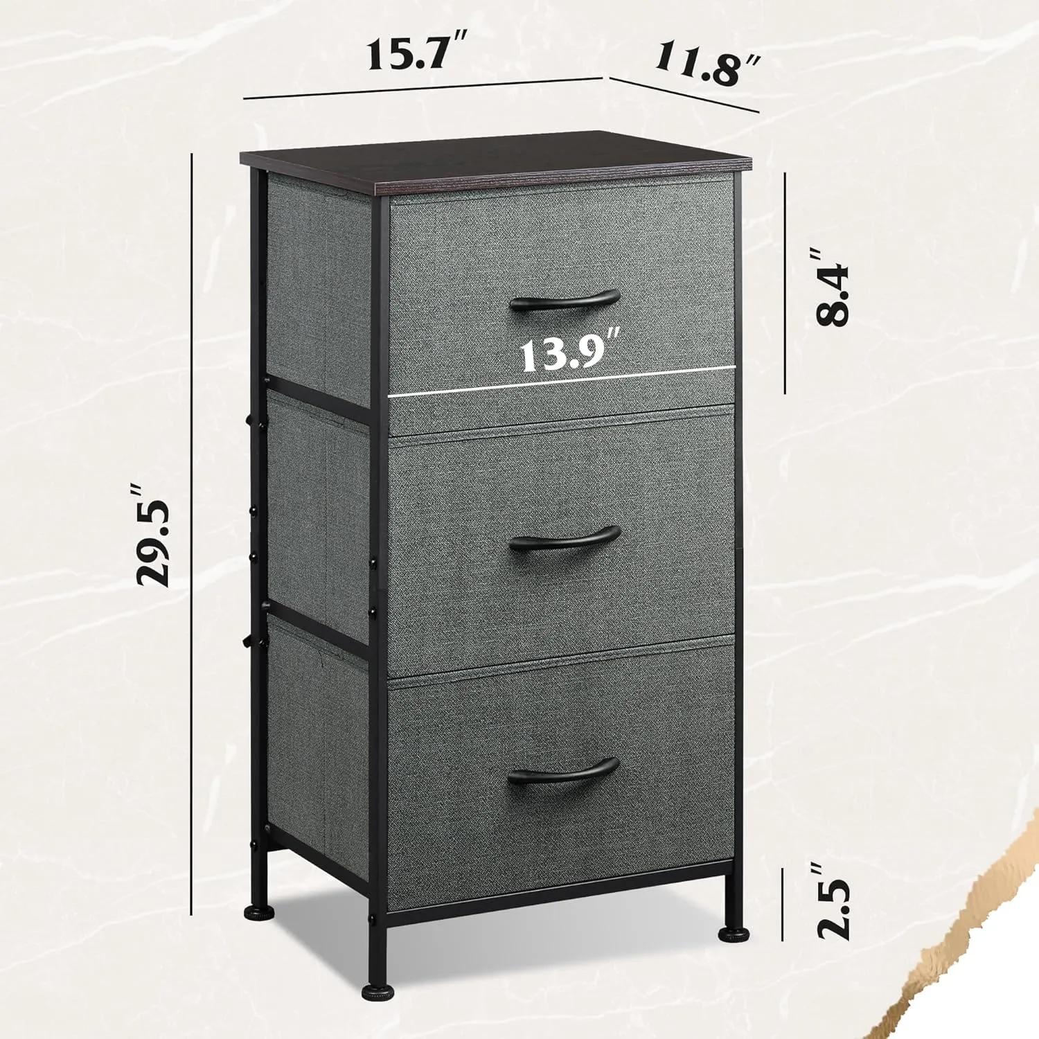 WLIVE Dresser with 3 Drawers, Fabric Nightstand, Organizer Unit, Storage Dresser for Bedroom, Hallway, Entryway, Closets, Sturdy Steel Frame, Wood Top, Easy Pull Handle, Dark Grey