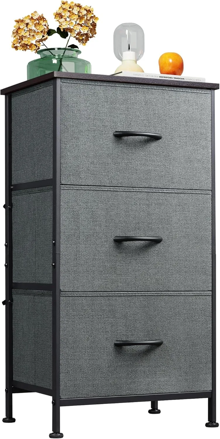 WLIVE Dresser with 3 Drawers, Fabric Nightstand, Organizer Unit, Storage Dresser for Bedroom, Hallway, Entryway, Closets, Sturdy Steel Frame, Wood Top, Easy Pull Handle, Dark Grey