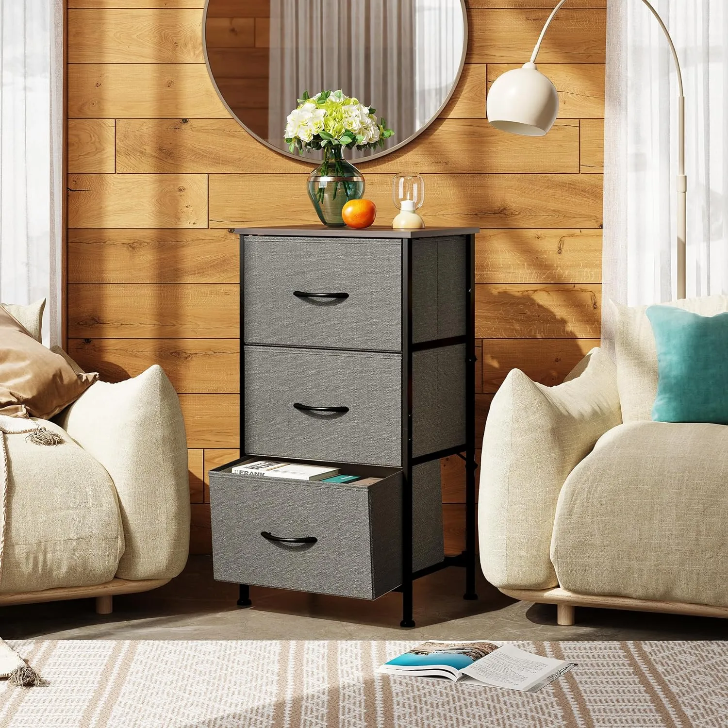 WLIVE Dresser with 3 Drawers, Fabric Nightstand, Organizer Unit, Storage Dresser for Bedroom, Hallway, Entryway, Closets, Sturdy Steel Frame, Wood Top, Easy Pull Handle, Dark Grey