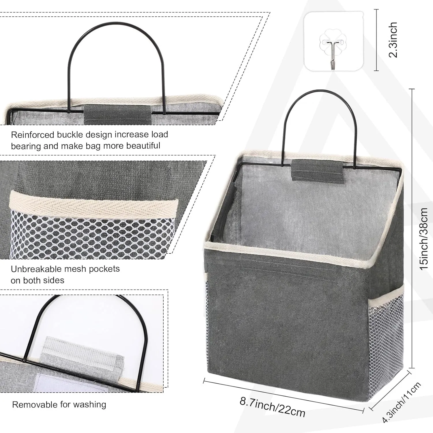 Woanger 12 Pcs Wall Hanging Storage Bag Wall Hanging Organizer Bag Over The Door Closet Basket Containers Bins with Hooks Pockets for Bedroom Bathroom, 15 x 4.3 x 8.7''(White, Dark Gray, Light Gray)