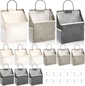 Woanger 12 Pcs Wall Hanging Storage Bag Wall Hanging Organizer Bag Over The Door Closet Basket Containers Bins with Hooks Pockets for Bedroom Bathroom, 15 x 4.3 x 8.7''(White, Dark Gray, Light Gray)