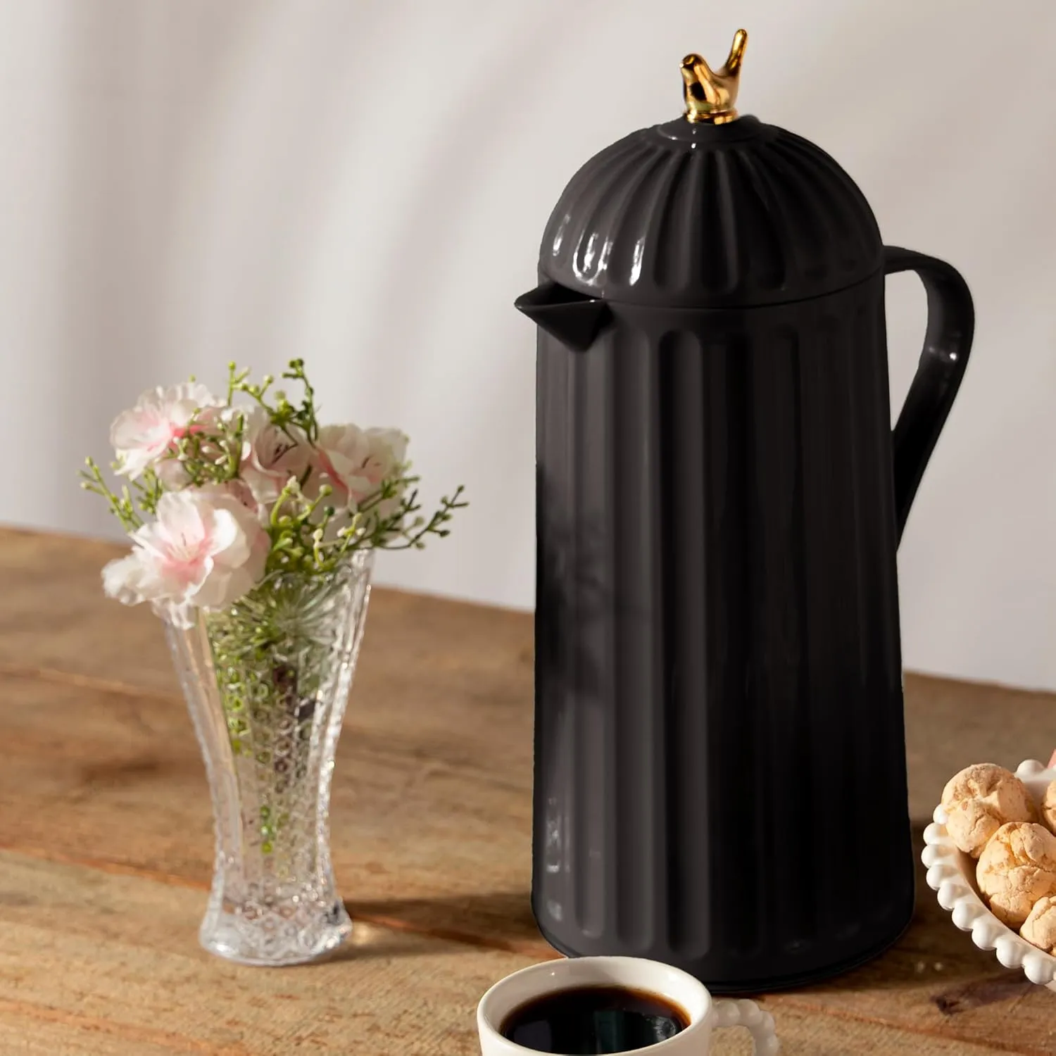 WOLFF - Bird Thermal Coffee Carafe - Hot or Cold Drinks, Double Walled Insulated Vacuum Flask - Leakproof Coffee Dispenser, Thermos Bottle for Cold Beverages - Black, 34floz/1L