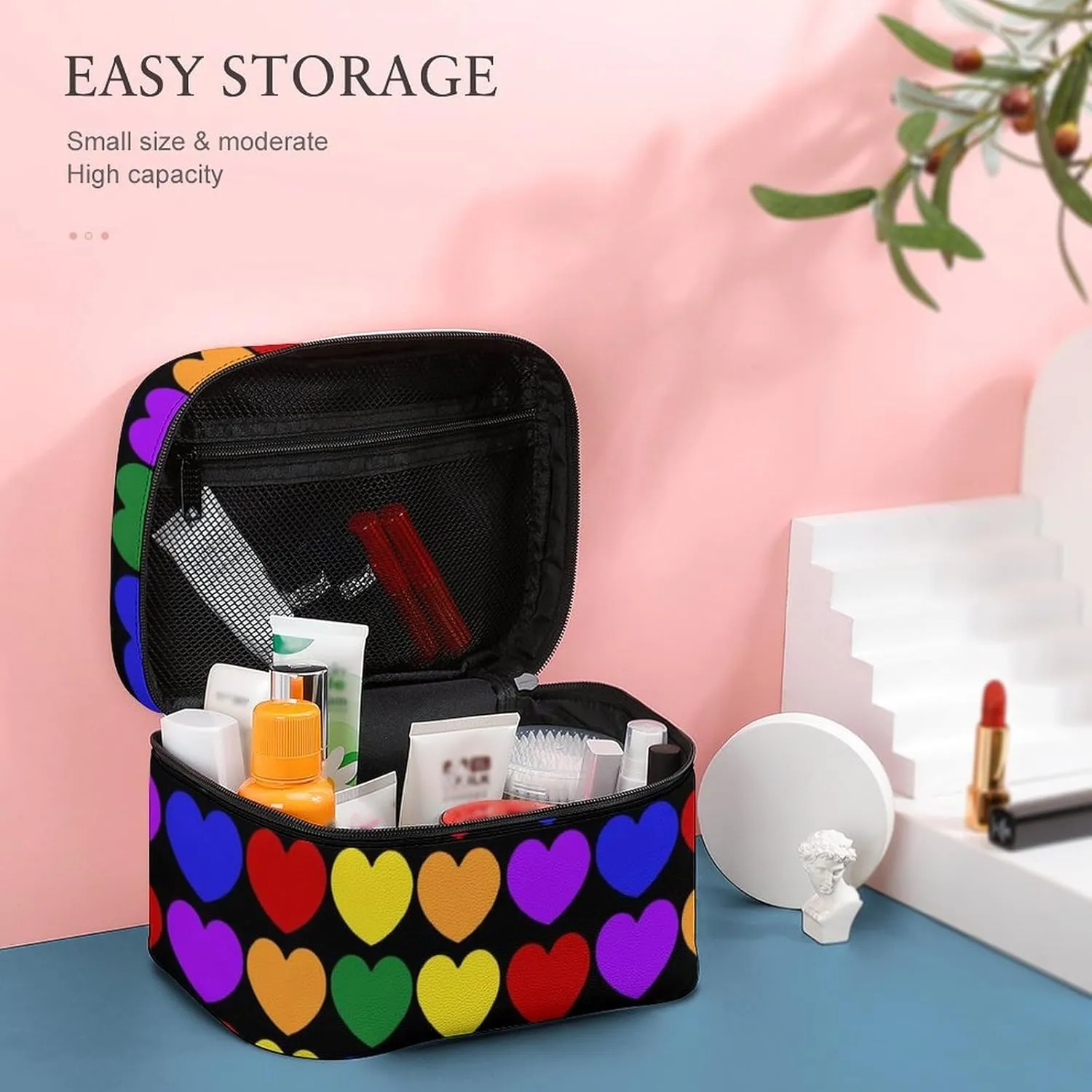 Women's Travel Makeup Bag, Large Capacity Cosmetic Organizer Case Colorful LGBTQ Rainbow Love Heart LGBT Toiletry Bag with Zipper Pouch