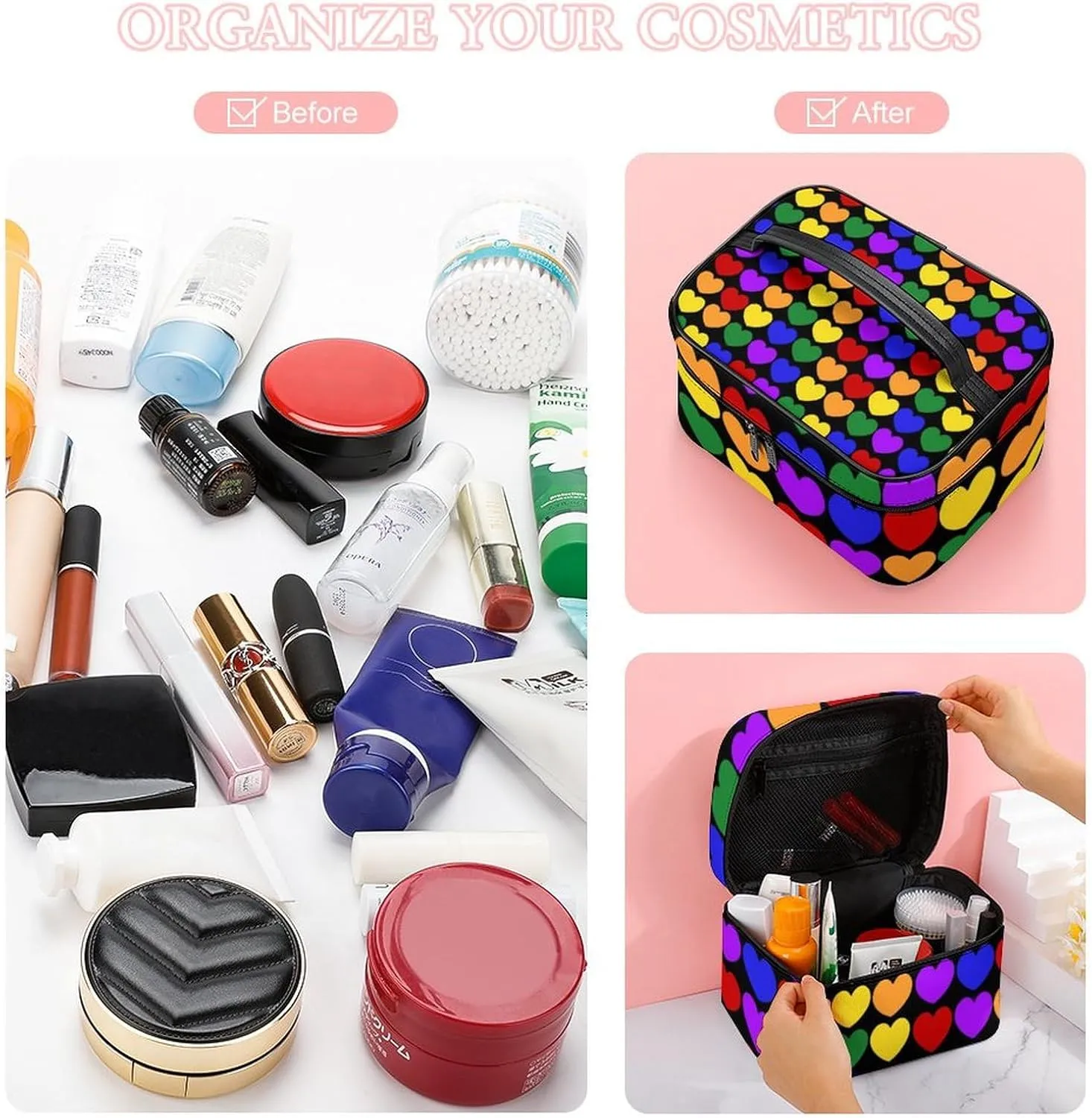 Women's Travel Makeup Bag, Large Capacity Cosmetic Organizer Case Colorful LGBTQ Rainbow Love Heart LGBT Toiletry Bag with Zipper Pouch