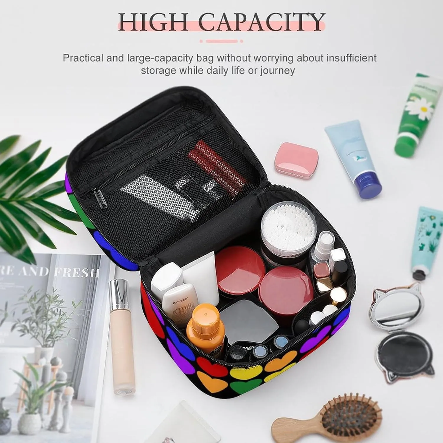 Women's Travel Makeup Bag, Large Capacity Cosmetic Organizer Case Colorful LGBTQ Rainbow Love Heart LGBT Toiletry Bag with Zipper Pouch