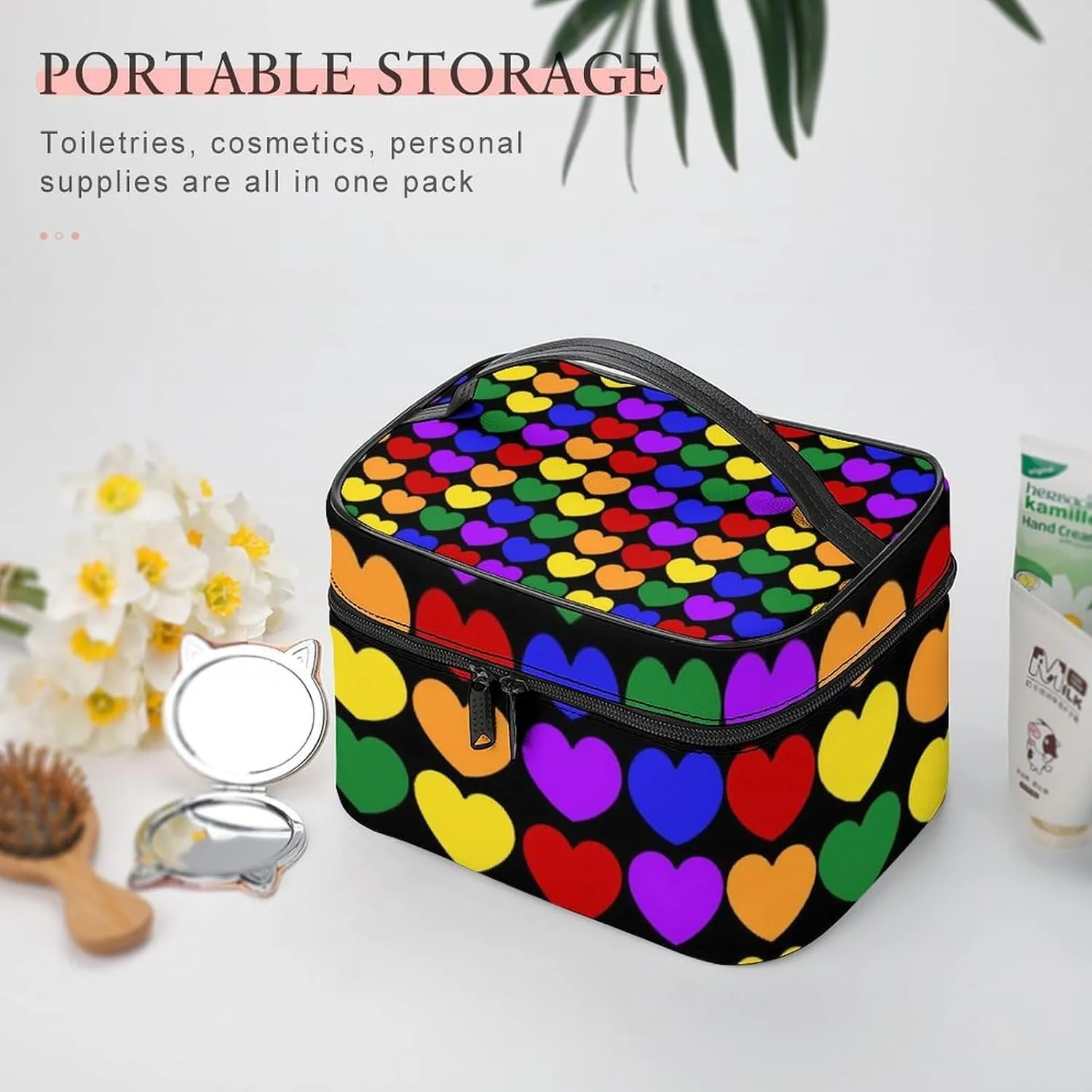 Women's Travel Makeup Bag, Large Capacity Cosmetic Organizer Case Colorful LGBTQ Rainbow Love Heart LGBT Toiletry Bag with Zipper Pouch