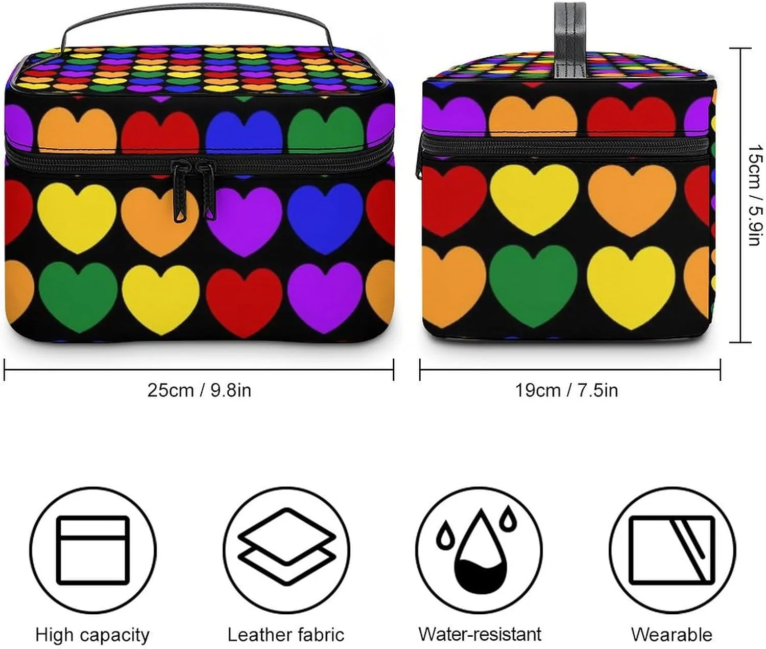 Women's Travel Makeup Bag, Large Capacity Cosmetic Organizer Case Colorful LGBTQ Rainbow Love Heart LGBT Toiletry Bag with Zipper Pouch