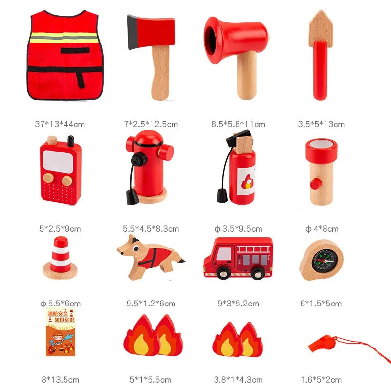 Wooden Fire Fighter Pretend Play Set - 15 Pieces (3-8 Years)