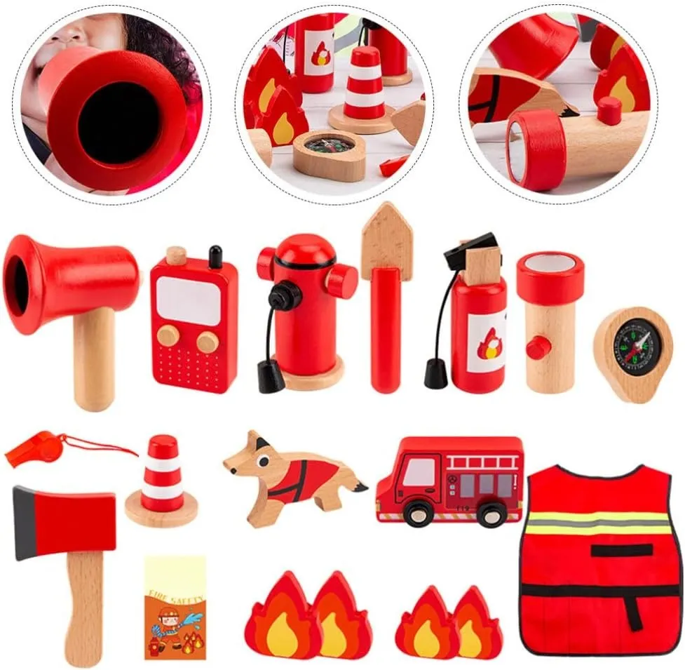 Wooden Fire Fighter Pretend Play Set - 15 Pieces (3-8 Years)