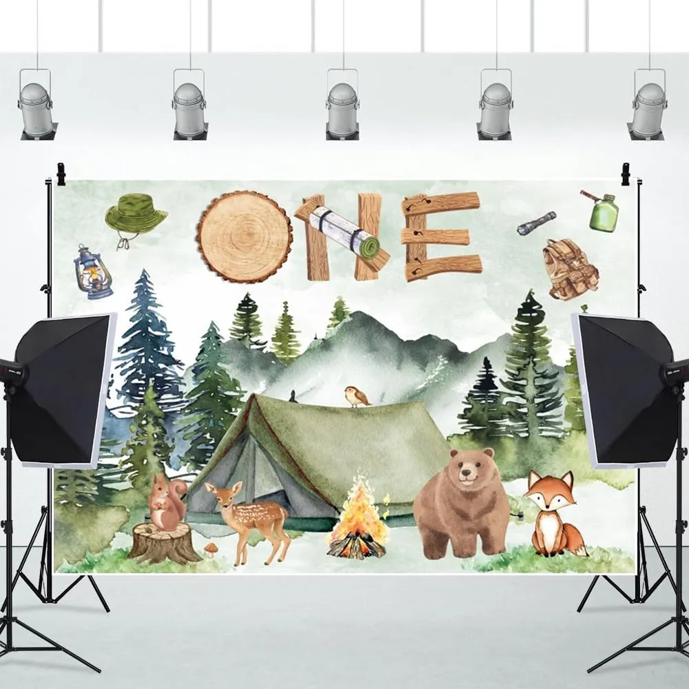 Woodland Wild Camping Adventure Backdrops 10x8ft One Backdrop Forest Jungle Animals Happy 1st Birthday Photography Background Kids Baby Party Cake Table Banner Photo Booth Props