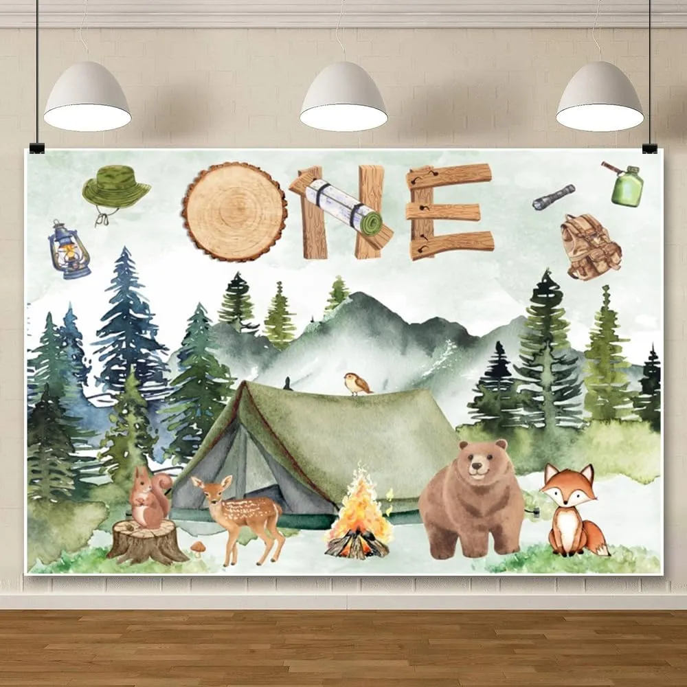 Woodland Wild Camping Adventure Backdrops 10x8ft One Backdrop Forest Jungle Animals Happy 1st Birthday Photography Background Kids Baby Party Cake Table Banner Photo Booth Props