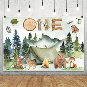 Woodland Wild Camping Adventure Backdrops 10x8ft One Backdrop Forest Jungle Animals Happy 1st Birthday Photography Background Kids Baby Party Cake Table Banner Photo Booth Props