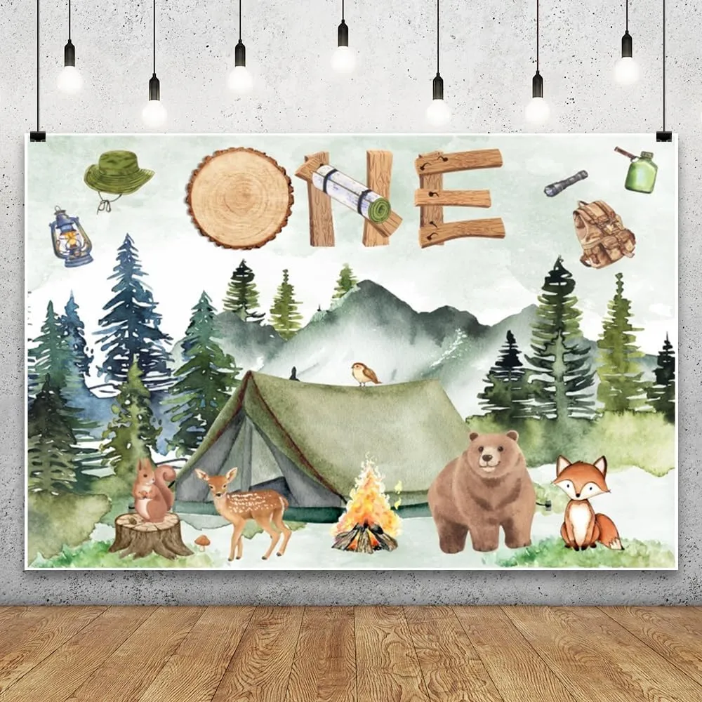 Woodland Wild Camping Adventure Backdrops 10x8ft One Backdrop Forest Jungle Animals Happy 1st Birthday Photography Background Kids Baby Party Cake Table Banner Photo Booth Props