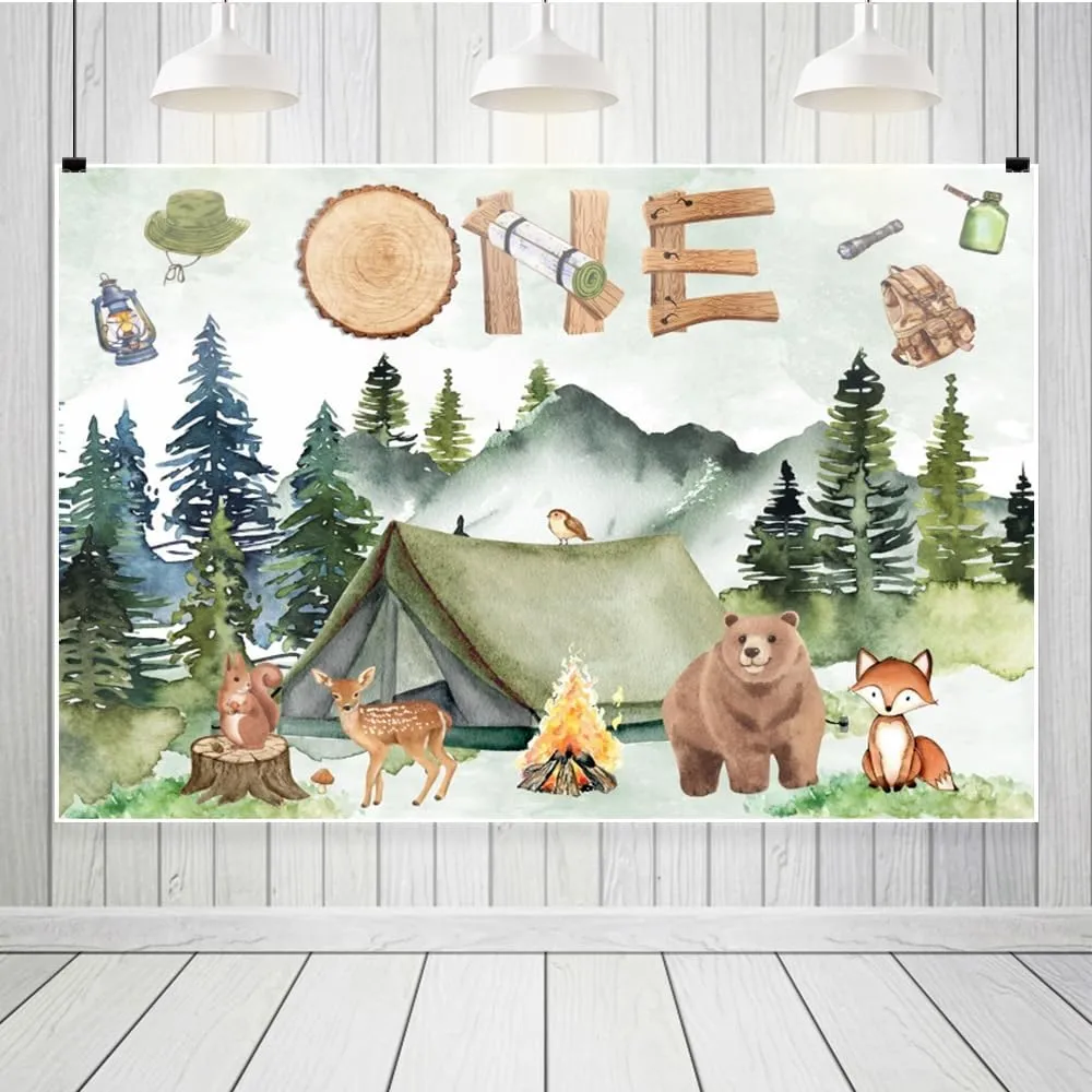 Woodland Wild Camping Adventure Backdrops 10x8ft One Backdrop Forest Jungle Animals Happy 1st Birthday Photography Background Kids Baby Party Cake Table Banner Photo Booth Props