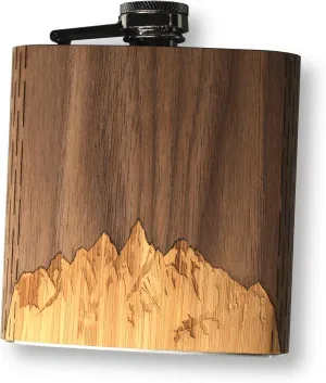 WUDN 6 oz. Wooden Hip Flask - Stainless Steel Body, Sawtooth Mountains Walnut Sky