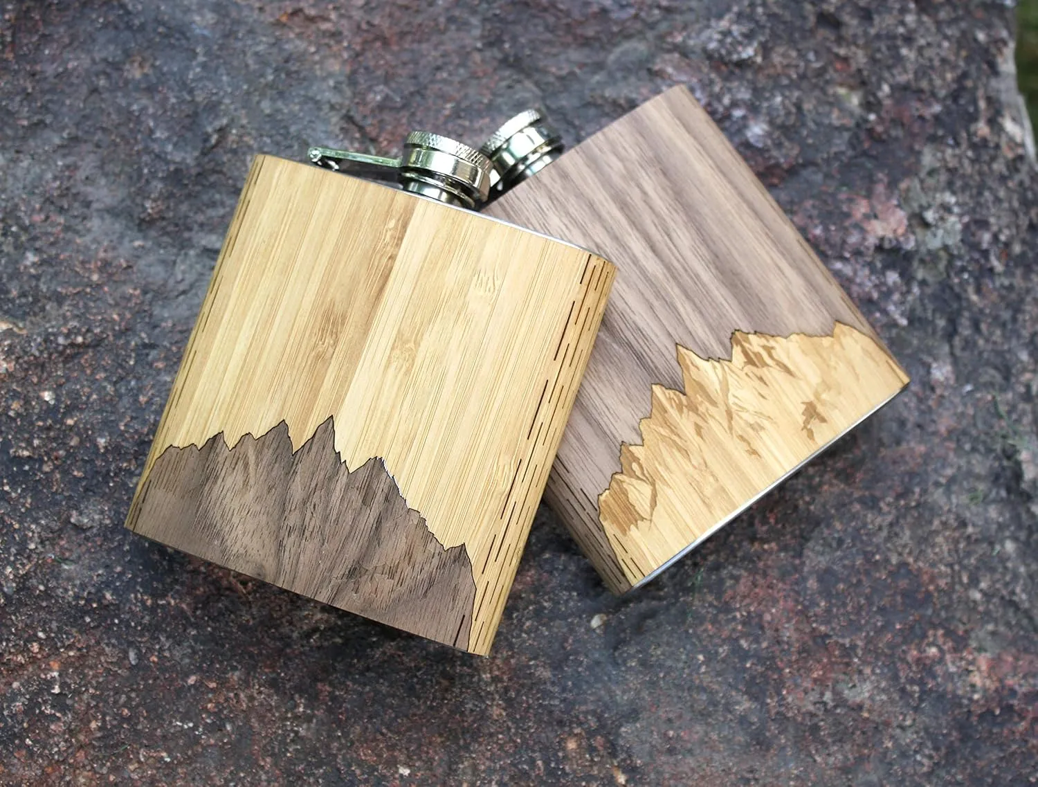 WUDN 6 oz. Wooden Hip Flask - Stainless Steel Body, Sawtooth Mountains Walnut Sky