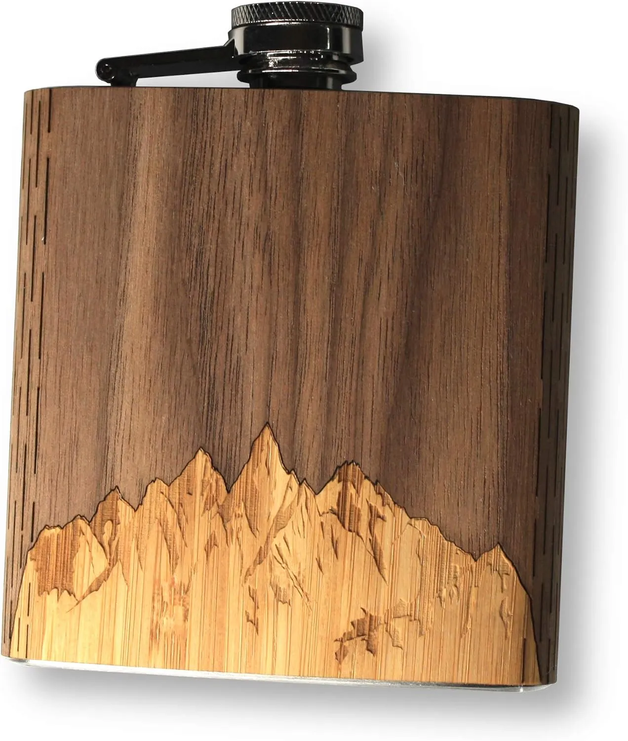WUDN 6 oz. Wooden Hip Flask - Stainless Steel Body, Sawtooth Mountains Walnut Sky